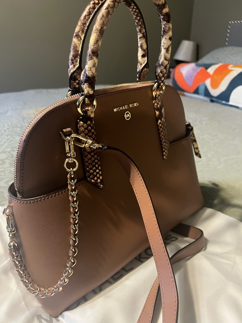 Michael Kors Saffiano Dome Satchel in Taupe with Snake-Trim - Picture 5 of 5
